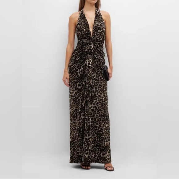 SHO BY TADASHI SHOJI - GATHERED HALTER LEOPARD PRINT GOWN